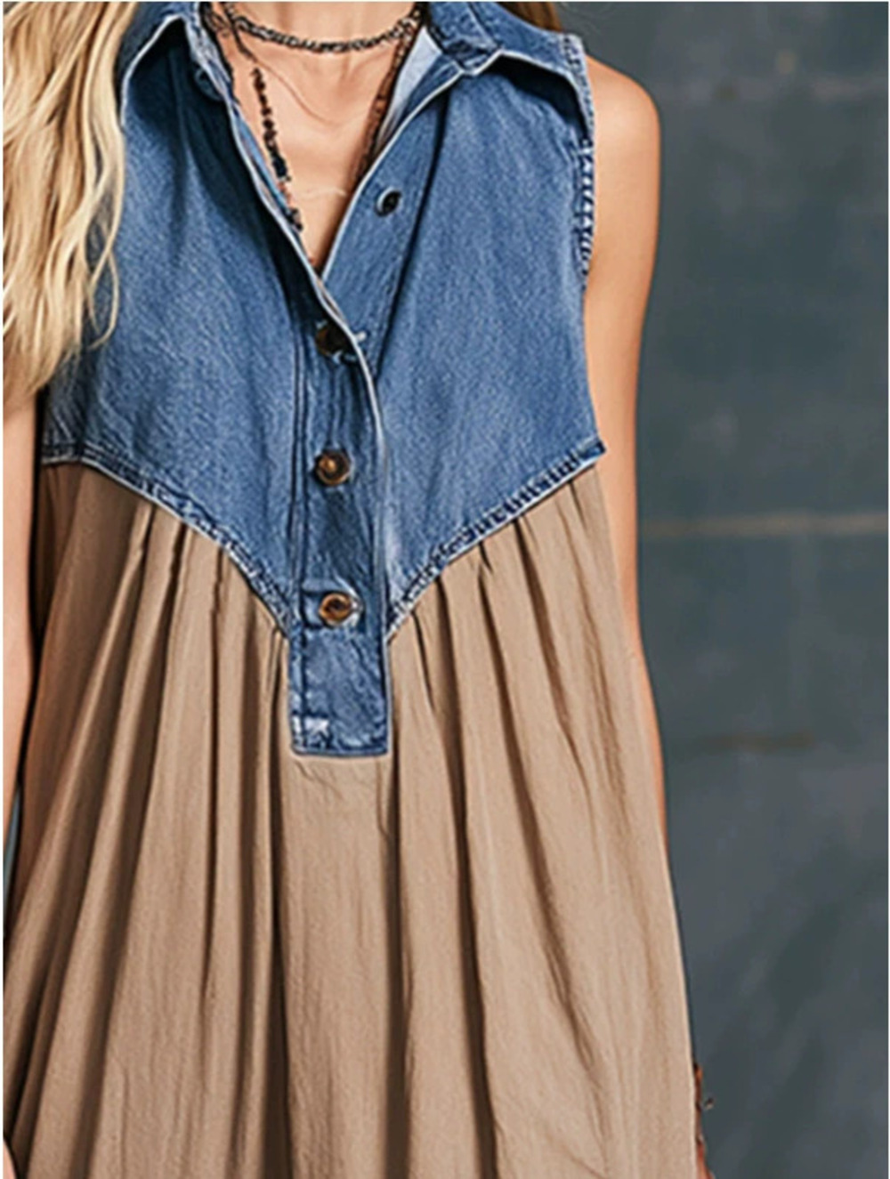 Elegant Urban Blue Denim Patchwork Khaki Long Skirt - Picture 3 of 5